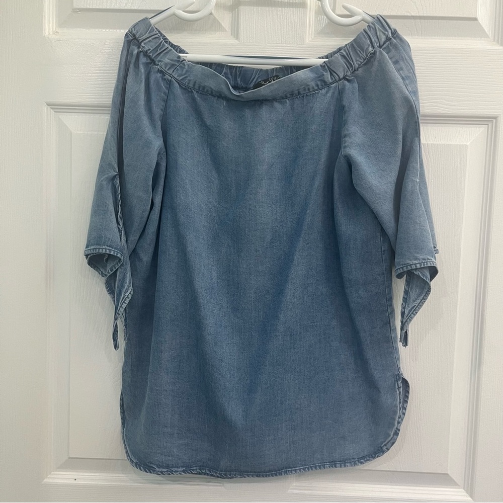 Velvet Heart Blue Chambray Denim Jean Off-Shoulder Women's Boho Blouse Shirt Top